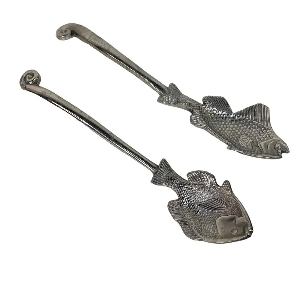 Art Metal Fish Decor Salad Servers Silver Tone Aluminum 13